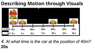 4. At what time is the car at the position of 40m?
20s
Describing Motion through Visuals
 