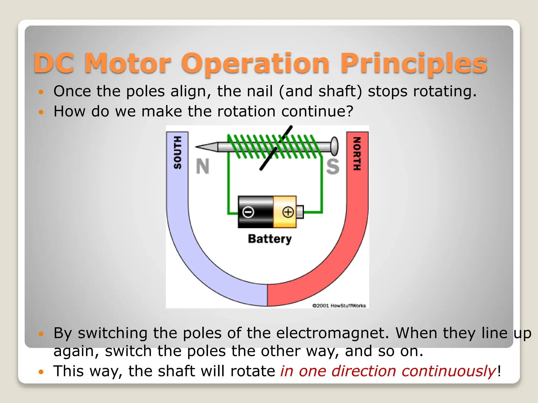 DC Motor Operation Principles
 Once the poles align, the nail (and shaft) stops rotating.
 How do we make the rotation continue?
 By switching the poles of the electromagnet. When they line up
again, switch the poles the other way, and so on.
 This way, the shaft will rotate in one direction continuously!
 