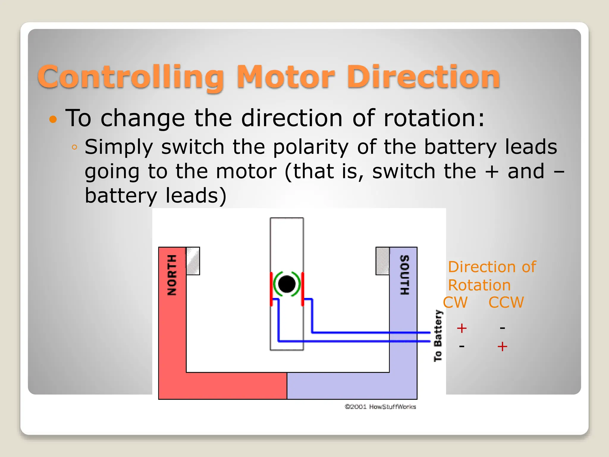 Controlling Motor Direction
 To change the direction of rotation:
◦ Simply switch the polarity of the battery leads
going to the motor (that is, switch the + and –
battery leads)
+
-
-
+
CW CCW
Direction of
Rotation
 