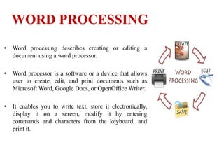 WORD PROCESSING
• Word processing describes creating or editing a
document using a word processor.
• Word processor is a software or a device that allows
user to create, edit, and print documents such as
Microsoft Word, Google Docs, or OpenOffice Writer.
• It enables you to write text, store it electronically,
display it on a screen, modify it by entering
commands and characters from the keyboard, and
print it.
 