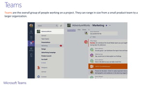 Teams are the overall group of people working on a project. They can range in size from a small product team to a
larger organization.
Teams
 