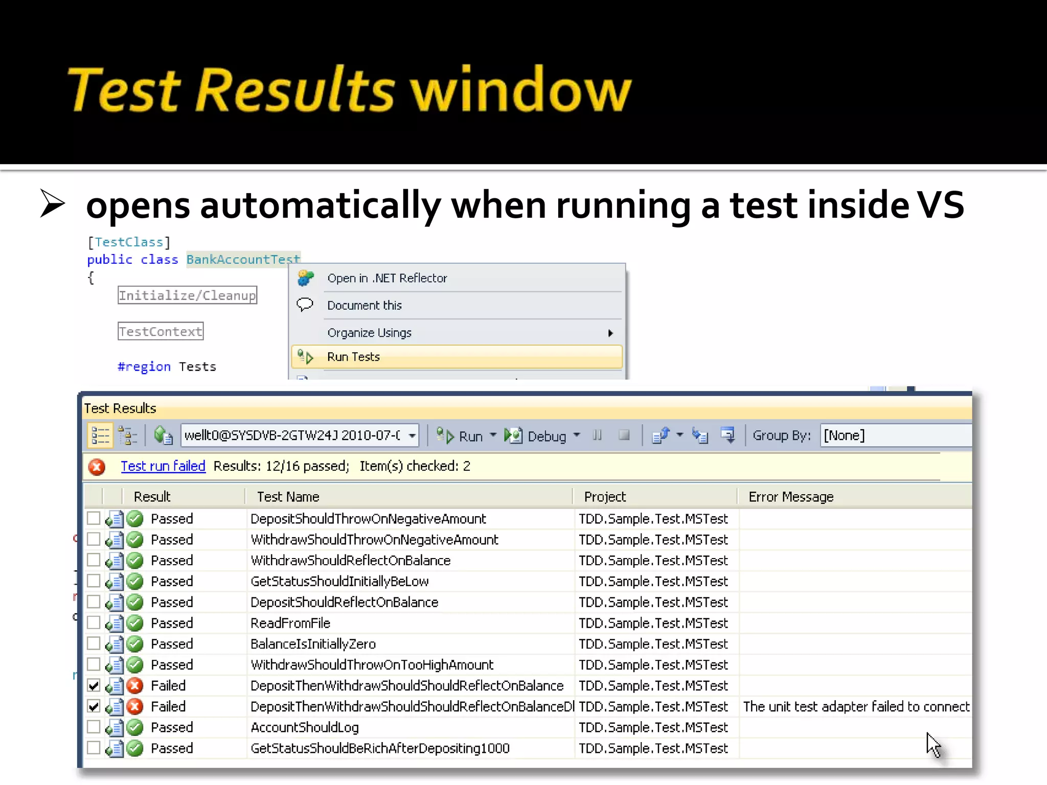  Test  documentation, usage example