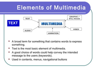 Elements of Multimedia
GRAPHIC /
Still Images

TEXT

TEXT
VIDEO

AUDIO
ANIMATION






A broad term for something that contains words to express
something.
Text is the most basic element of multimedia.
A good choice of words could help convey the intended
message to the users (keywords).
Used in contents, menus, navigational buttons

 