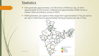 Statistics
 India generates approximately 1,33,760 tonnes of MSW per day, of which
approximately 91,152 tonnes is collected and approximately 25,884 tonnes is
treated. (Data according to survey of 2013)
 MSW generation per capita in India ranges from approximately 0.17 kg per person
per day in small towns to approximately 0.62 kg per person per day in cities.
Rishabh Sharma
 