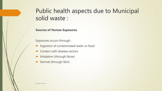 Public health aspects due to Municipal
solid waste :
Sources of Human Exposures
Exposures occurs through :
 Ingestion of contaminated water or food
 Contact with disease vectors
 Inhalation (through Nose)
 Dermal (through Skin)
Rishabh Sharma
 