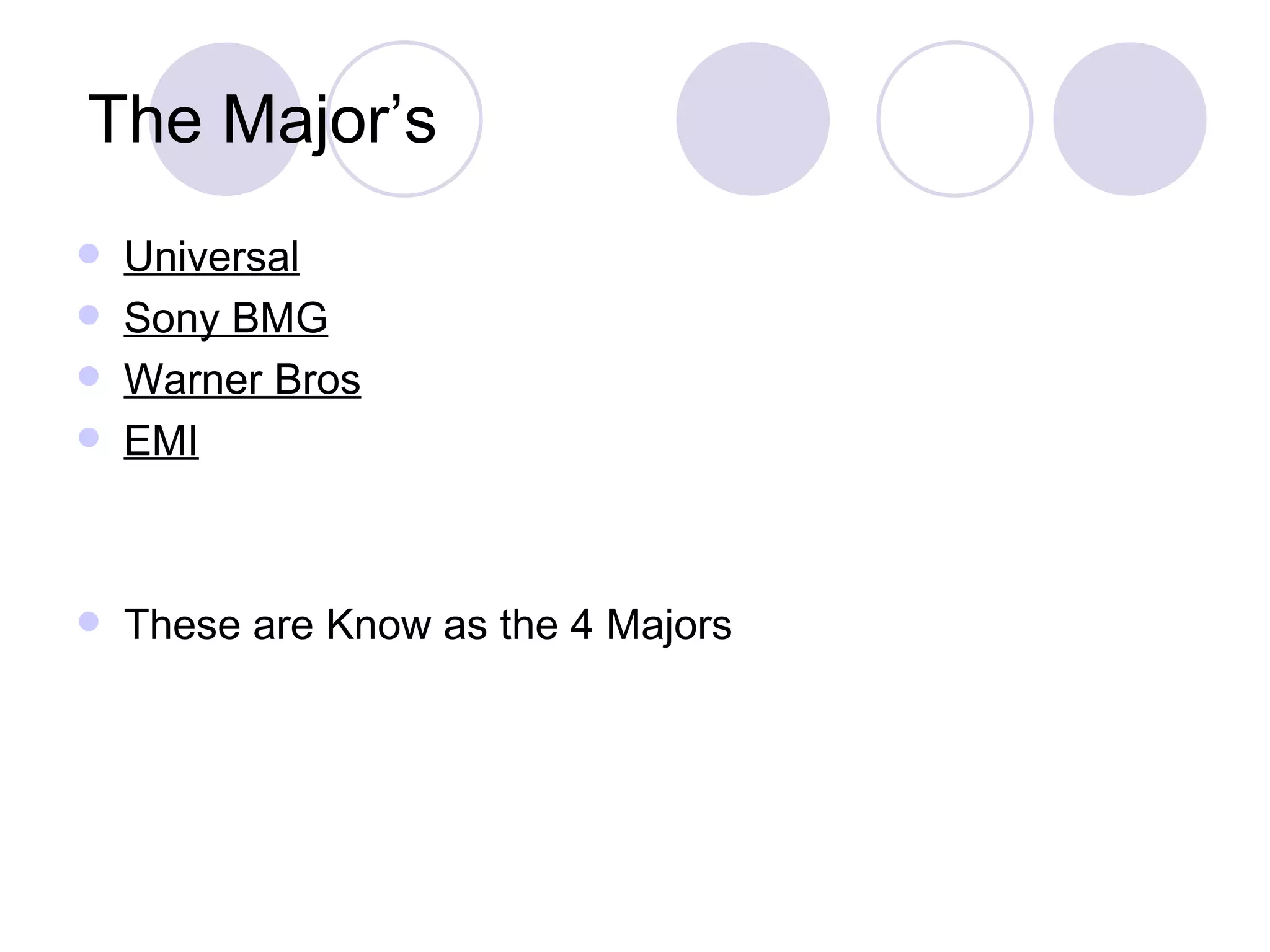 The Major’s Universal Sony BMG Warner Bros EMI These are Know as the 4 Majors 