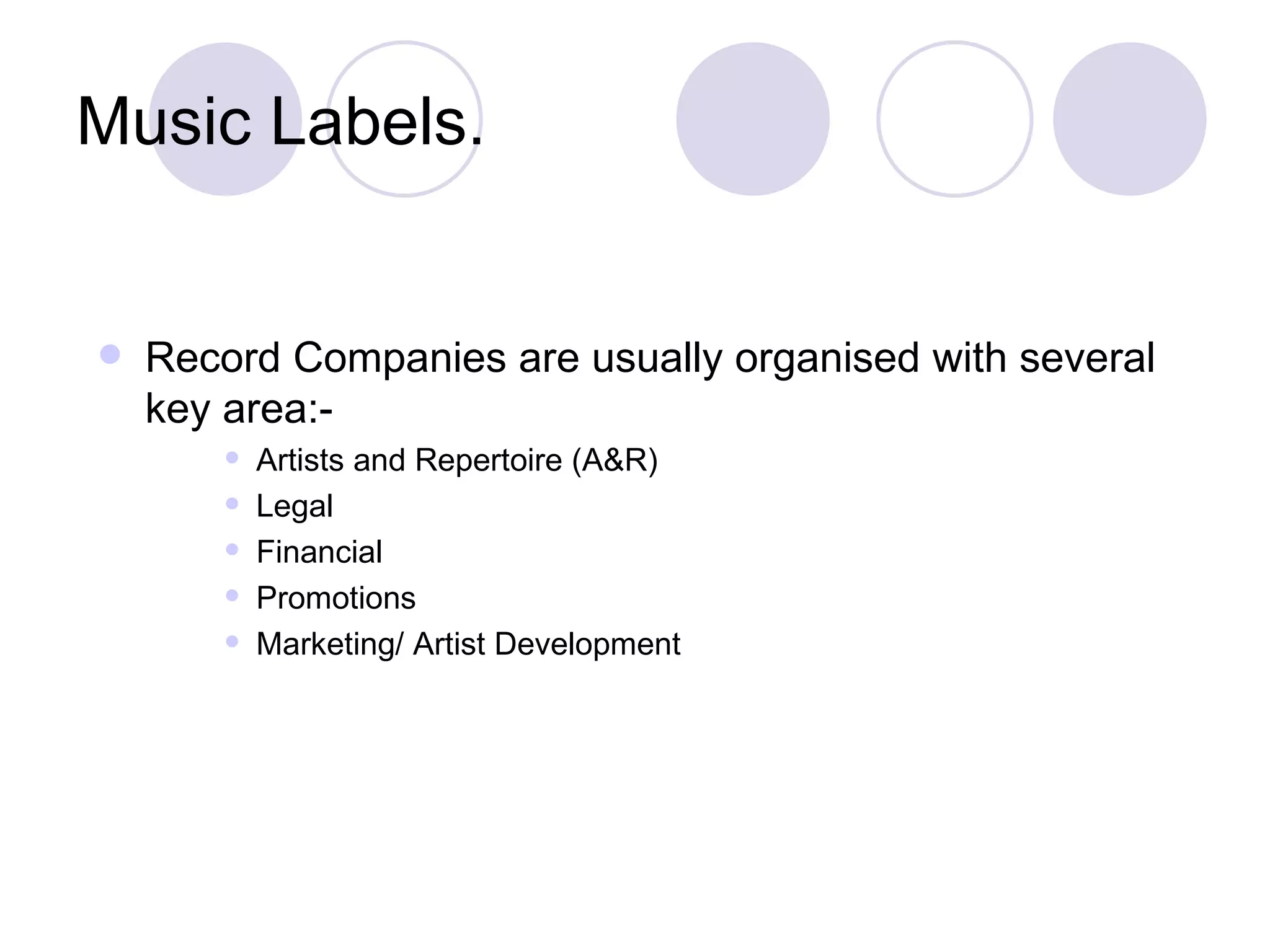 Music Labels.   Record Companies are usually organised with several key area:- Artists and Repertoire (A&R) Legal  Financial Promotions Marketing/ Artist Development 