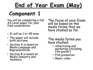 Component 1
You will be completing a full
AS Level paper for your
final examination.
• It will be 1 hr 45 mins
• The paper will include
both sections.
• Section A is based on
Media Language and
Representation.
• Section B is based on
Media Industry and
Audience.
The focus of your Exam
will be based on the
media forms that we
have studied so far.
The media forms you
have studied:
• Advertising and
marketing (including
film poster)
• Film promotion
• Music video
End of Year Exam (May)
 