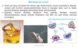 MC-PhD/2017/03 19
Risk factors for cancer
 There are many risk factors for cancer: age, family history, viruses and bacteria, lifestyle,
contact with harmful substances/chemicals found in everyday items such as foods,
personal products, packaging, prescription drugs, and household
 Asbestos, Arsenic, Benzene, Beryllium, Vinyl chloride, Nitrogen mustard,
Nitrosomethylurea, Benzyl chloride Chloroform and DDT are well known chemical
carcinogens
Cells Respond to Chemical Injuries
 