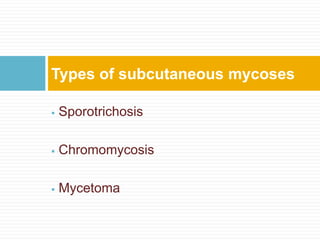  Sporotrichosis
 Chromomycosis
 Mycetoma
Types of subcutaneous mycoses
 
