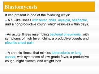 It can present in one of the following ways:
 A flu-like illness with fever, chills, myalgia, headache,
and a nonproductive cough which resolves within days.
An acute illness resembling bacterial pneumonia, with
symptoms of high fever, chills, a productive cough, and
pleuritic chest pain.
 A chronic illness that mimics tuberculosis or lung
cancer, with symptoms of low-grade fever, a productive
cough, night sweats, and weight loss.
Blastomycosis
 