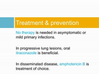 No therapy is needed in asymptomatic or
mild primary infections.
In progressive lung lesions, oral
itraconazole is beneficial.
In disseminated disease, amphotericin B is
treatment of choice.
Treatment & prevention
 