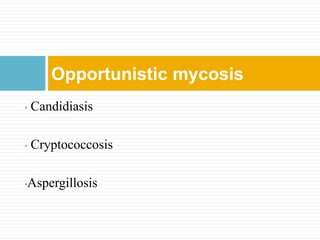 Opportunistic mycosis
• Candidiasis
• Cryptococcosis
•Aspergillosis
 