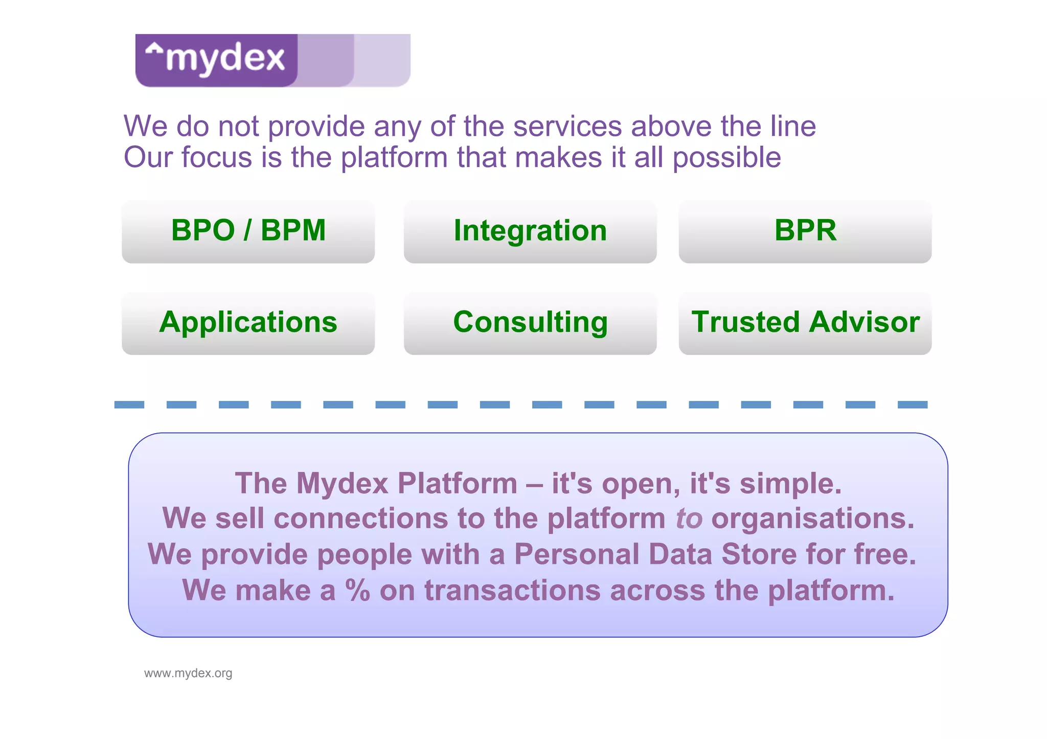 We do not provide any of the services above the line
Our focus is the platform that makes it all possible

    BPO / BPM           Integration             BPR


   Applications         Consulting        Trusted Advisor




      The Mydex Platform – it's open, it's simple.
  We sell connections to the platform to organisations.
 We provide people with a Personal Data Store for free.
   We make a % on transactions across the platform.

 www.mydex.org
 