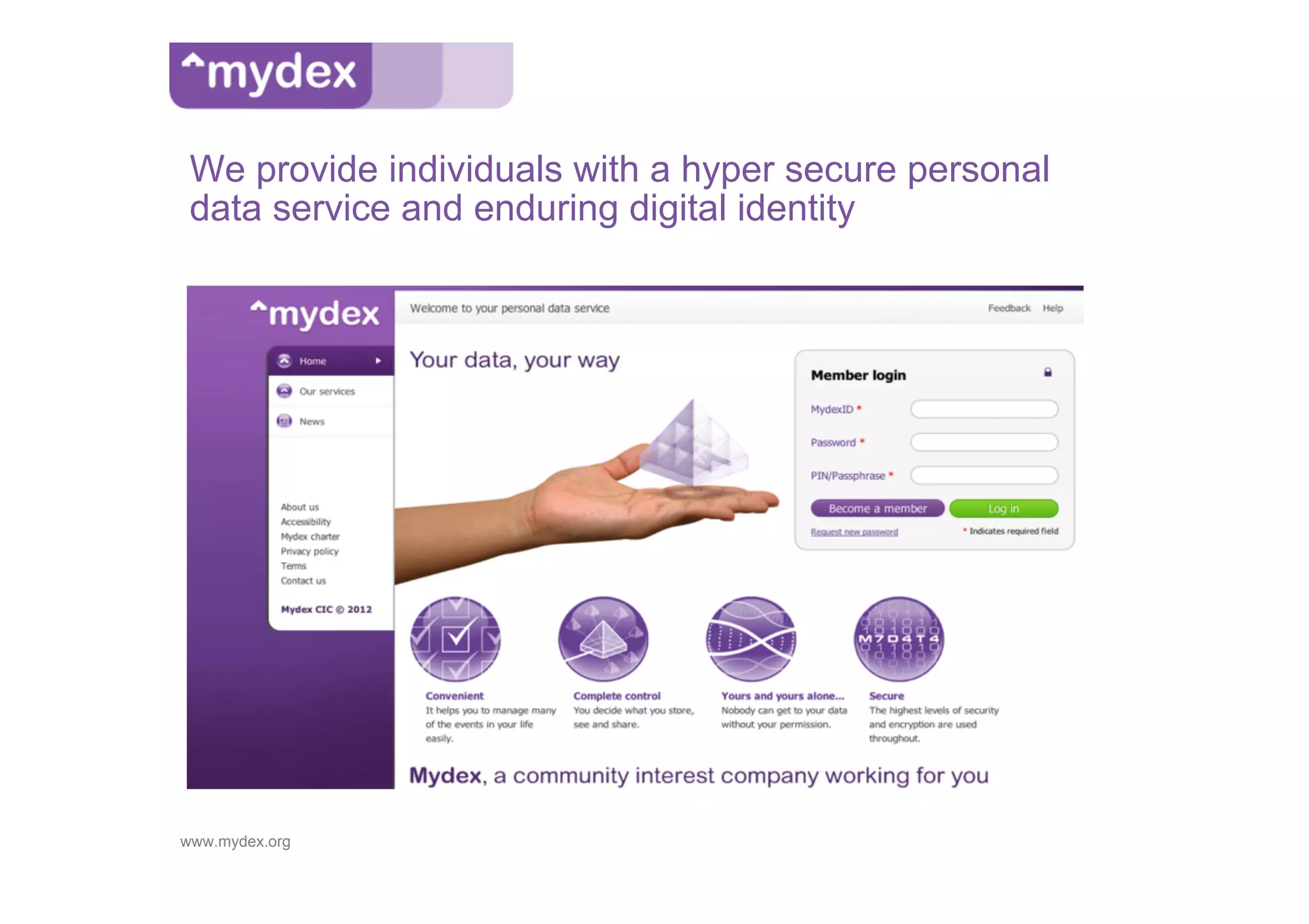 We provide individuals with a hyper secure personal
 data service and enduring digital identity




www.mydex.org
 