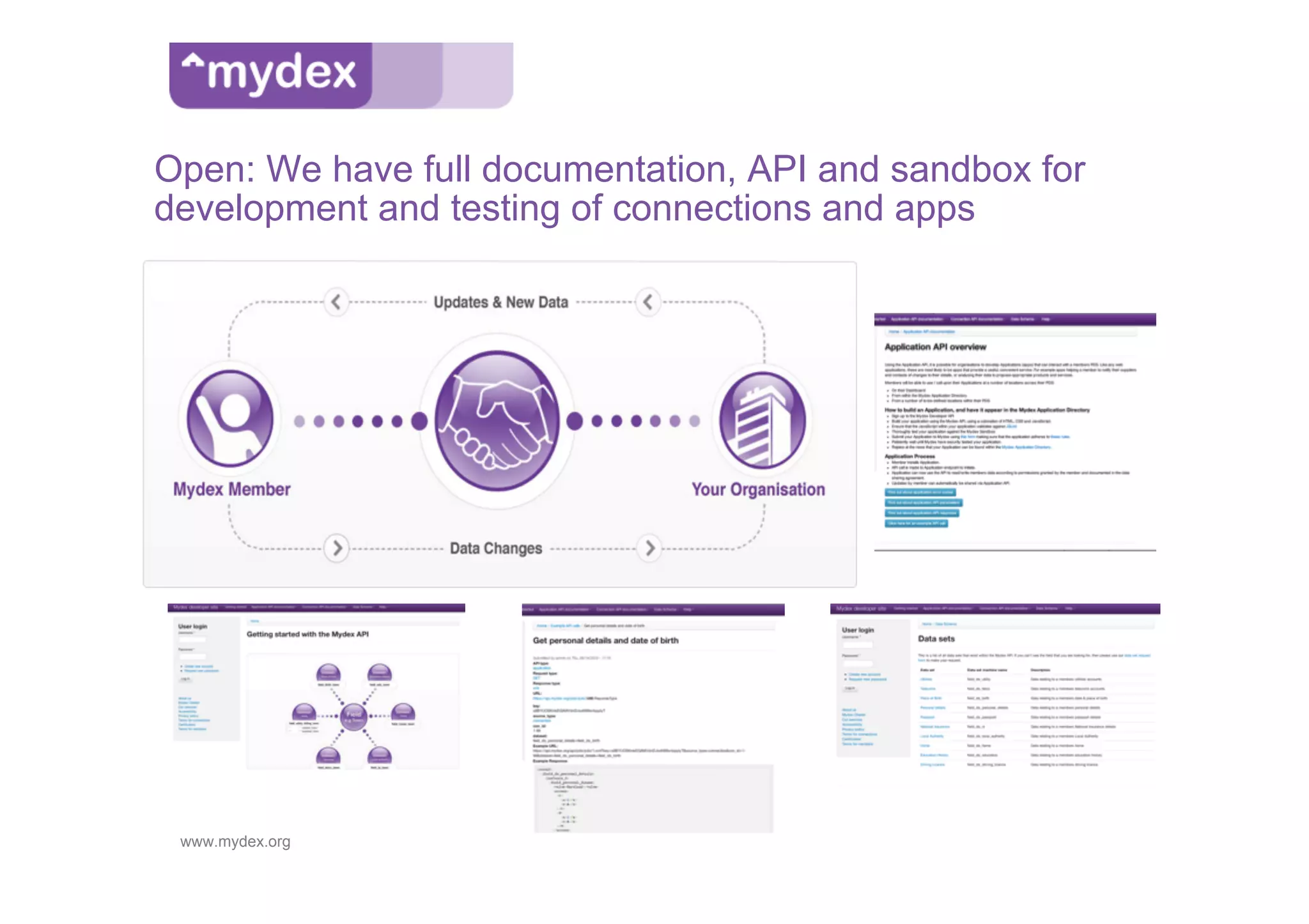 Open: We have full documentation, API and sandbox for
development and testing of connections and apps




 www.mydex.org
 