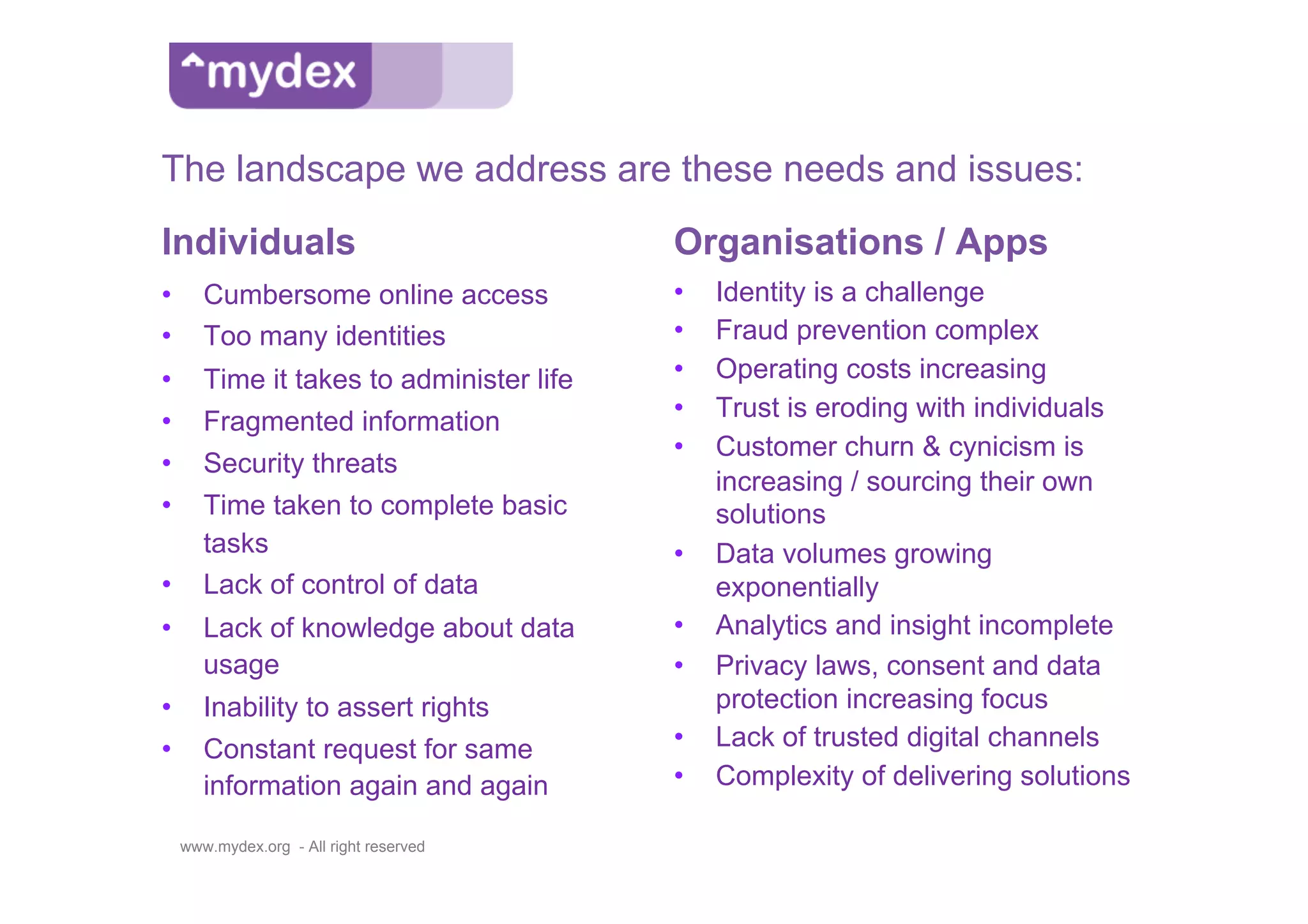 The landscape we address are these needs and issues:
Individuals                                Organisations / Apps
•  Cumbersome online access                •    Identity is a challenge
•  Too many identities                     •    Fraud prevention complex
•       Time it takes to administer life   •    Operating costs increasing
•       Fragmented information             •    Trust is eroding with individuals
                                           •    Customer churn & cynicism is
•       Security threats
                                                increasing / sourcing their own
•       Time taken to complete basic            solutions
        tasks                              •    Data volumes growing
•       Lack of control of data                 exponentially
•  Lack of knowledge about data            •    Analytics and insight incomplete
   usage                                   •    Privacy laws, consent and data
•  Inability to assert rights                   protection increasing focus
•  Constant request for same               •    Lack of trusted digital channels
   information again and again             •    Complexity of delivering solutions

     www.mydex.org - All right reserved
 