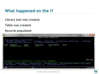 What happened on the i?

Library test was created
Table was created
Records populated




                      © All rights reserved. Zend Technologies, Inc.
 