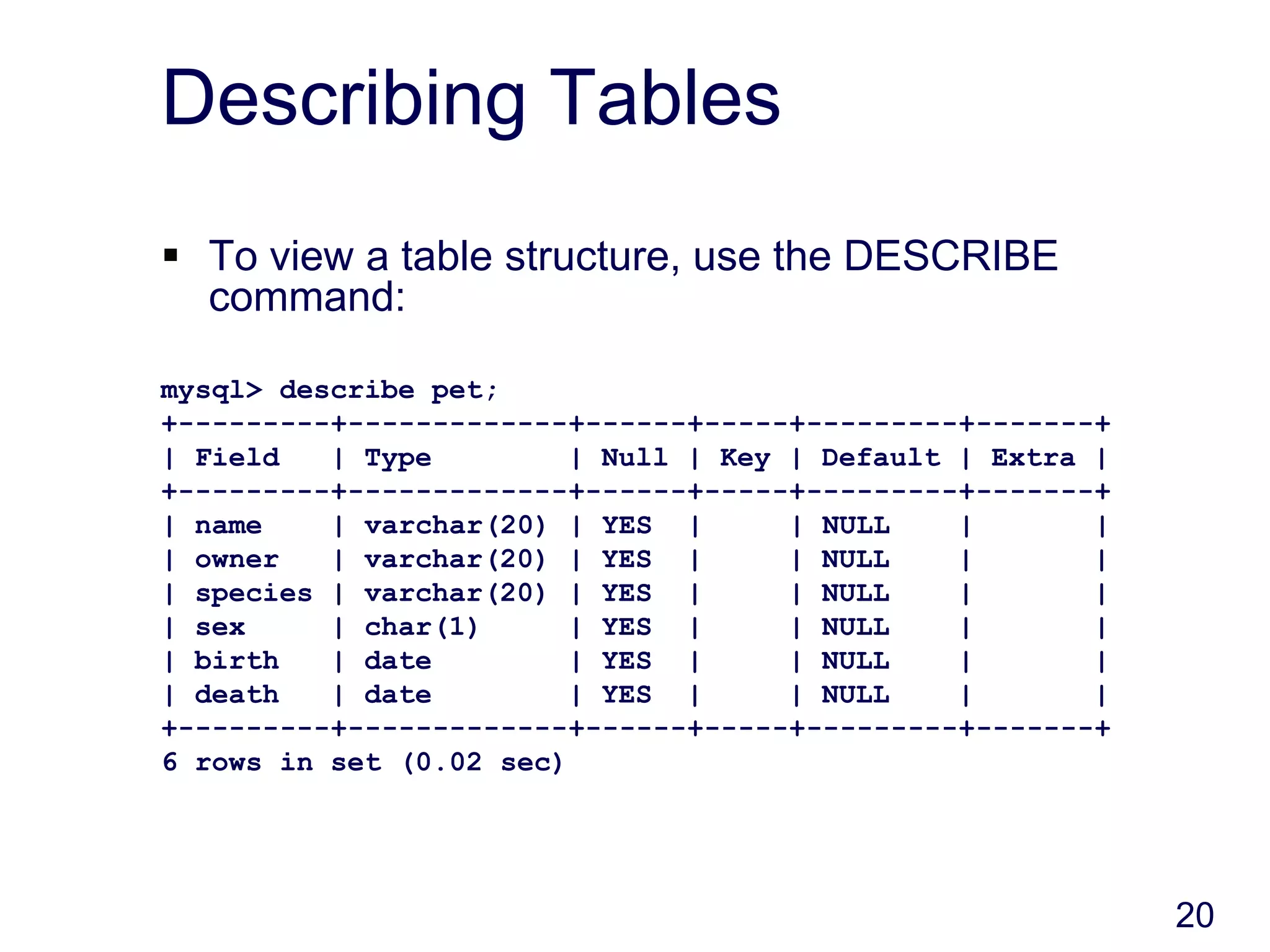20
Describing Tables
 To view a table structure, use the DESCRIBE
command:
mysql> describe pet;
+---------+-------------+------+-----+---------+-------+
| Field | Type | Null | Key | Default | Extra |
+---------+-------------+------+-----+---------+-------+
| name | varchar(20) | YES | | NULL | |
| owner | varchar(20) | YES | | NULL | |
| species | varchar(20) | YES | | NULL | |
| sex | char(1) | YES | | NULL | |
| birth | date | YES | | NULL | |
| death | date | YES | | NULL | |
+---------+-------------+------+-----+---------+-------+
6 rows in set (0.02 sec)
 