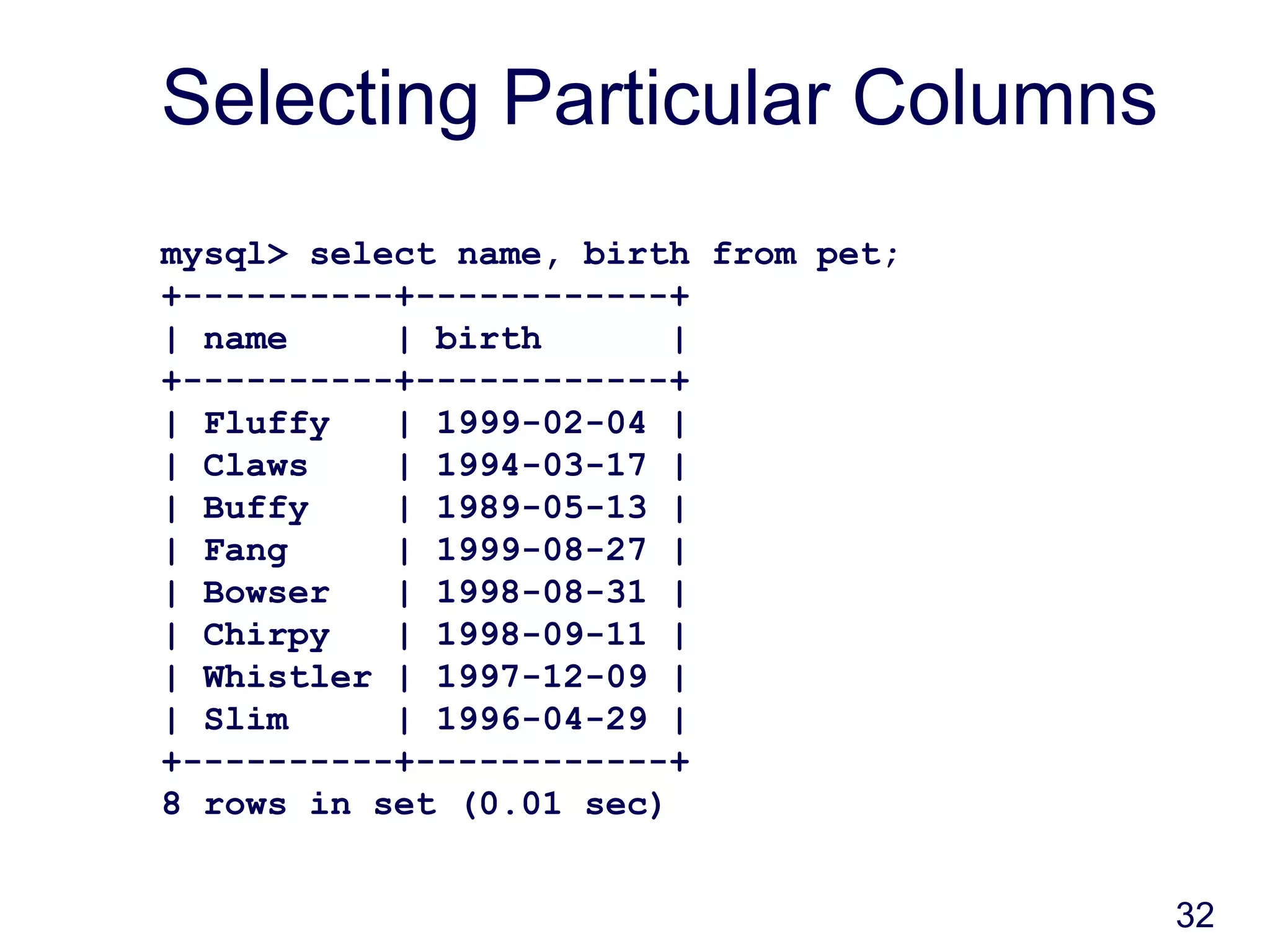 32
Selecting Particular Columns
mysql> select name, birth from pet;
+----------+------------+
| name | birth |
+----------+------------+
| Fluffy | 1999-02-04 |
| Claws | 1994-03-17 |
| Buffy | 1989-05-13 |
| Fang | 1999-08-27 |
| Bowser | 1998-08-31 |
| Chirpy | 1998-09-11 |
| Whistler | 1997-12-09 |
| Slim | 1996-04-29 |
+----------+------------+
8 rows in set (0.01 sec)
 