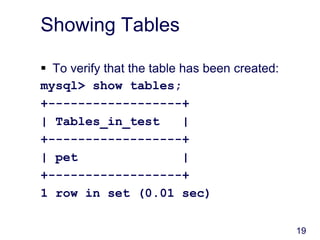 19
Showing Tables
 To verify that the table has been created:
mysql> show tables;
+------------------+
| Tables_in_test |
+------------------+
| pet |
+------------------+
1 row in set (0.01 sec)
 