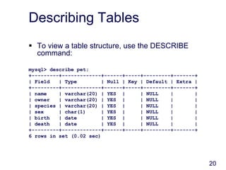 20
Describing Tables
 To view a table structure, use the DESCRIBE
command:
mysql> describe pet;
+---------+-------------+------+-----+---------+-------+
| Field | Type | Null | Key | Default | Extra |
+---------+-------------+------+-----+---------+-------+
| name | varchar(20) | YES | | NULL | |
| owner | varchar(20) | YES | | NULL | |
| species | varchar(20) | YES | | NULL | |
| sex | char(1) | YES | | NULL | |
| birth | date | YES | | NULL | |
| death | date | YES | | NULL | |
+---------+-------------+------+-----+---------+-------+
6 rows in set (0.02 sec)
 