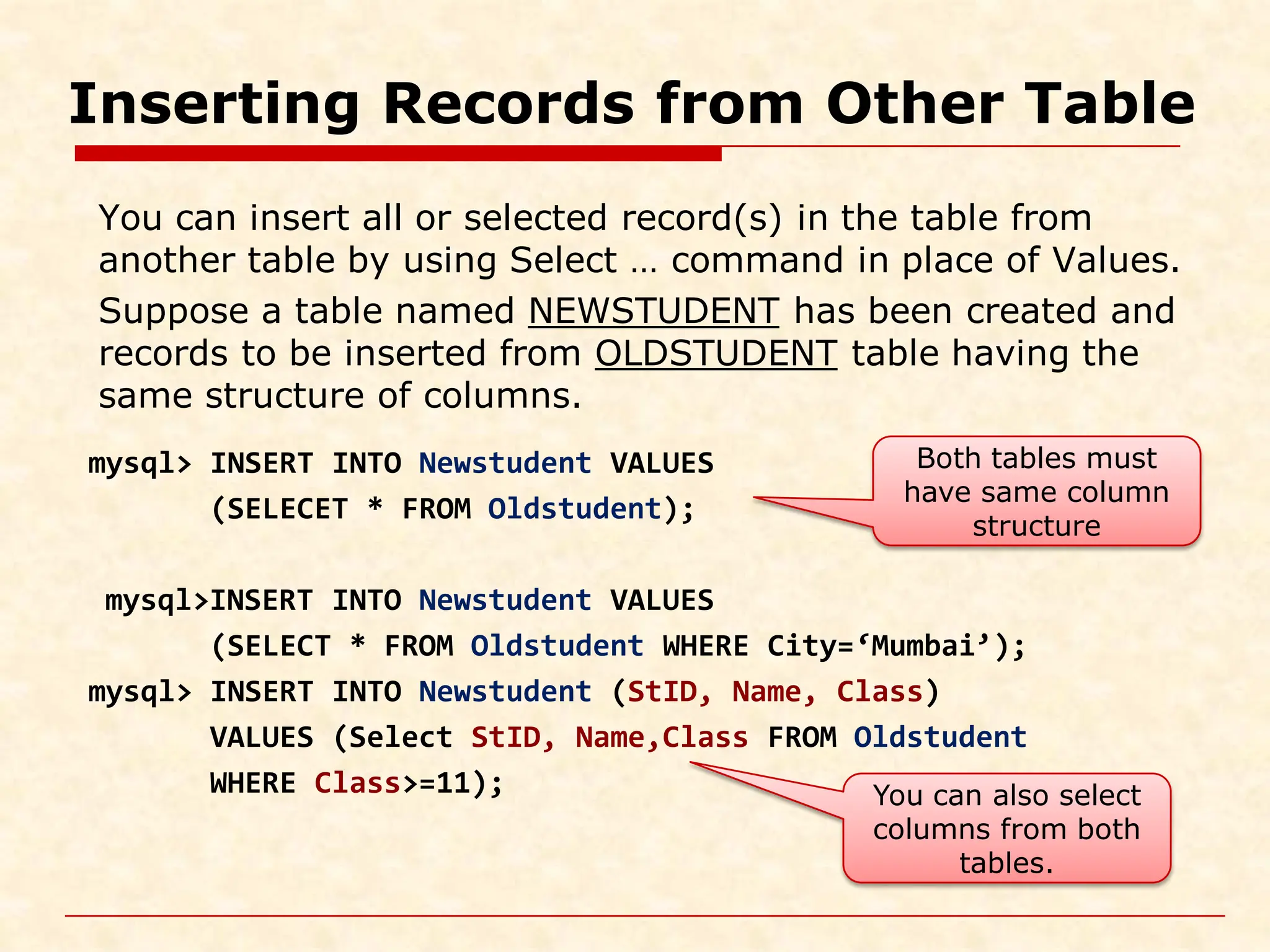 Inserting Records from Other Table You can insert all or selected record(s) in the table from another table by using Select … command in place of Values. Suppose a table named NEWSTUDENT has been created and records to be inserted from OLDSTUDENT table having the same structure of columns. mysql> INSERT INTO Newstudent VALUES (SELECET * FROM Oldstudent); mysql>INSERT INTO Newstudent VALUES (SELECT * FROM Oldstudent WHERE City=‘Mumbai’); mysql> INSERT INTO Newstudent (StID, Name, Class) VALUES (Select StID, Name,Class FROM Oldstudent WHERE Class>=11); Both tables must have same column structure You can also select columns from both tables. 