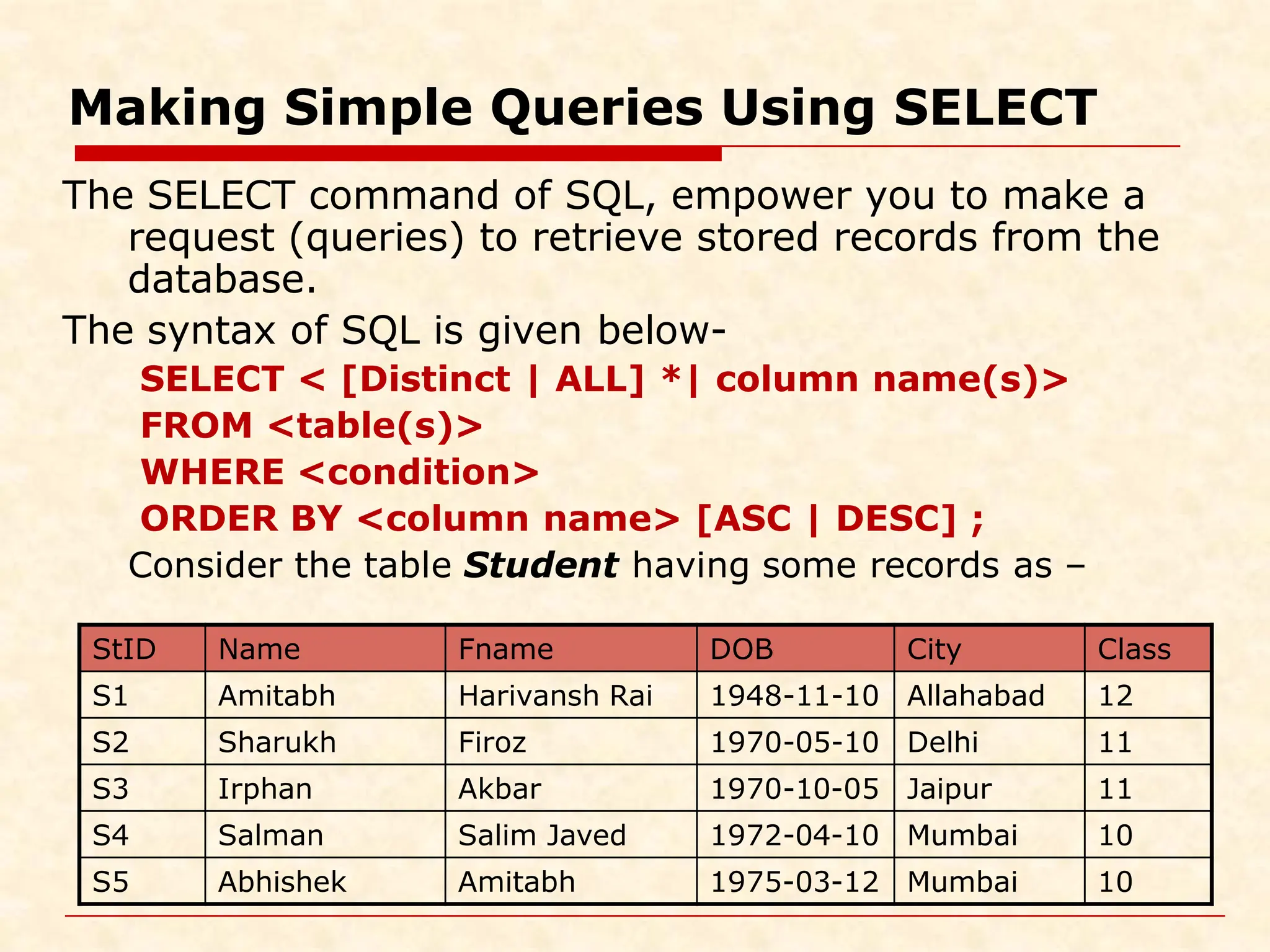 Making Simple Queries Using SELECT The SELECT command of SQL, empower you to make a request (queries) to retrieve stored records from the database. The syntax of SQL is given below- SELECT < [Distinct | ALL] *| column name(s)> FROM <table(s)> WHERE <condition> ORDER BY <column name> [ASC | DESC] ; Consider the table Student having some records as – StID Name Fname DOB City Class S1 Amitabh Harivansh Rai 1948-11-10 Allahabad 12 S2 Sharukh Firoz 1970-05-10 Delhi 11 S3 Irphan Akbar 1970-10-05 Jaipur 11 S4 Salman Salim Javed 1972-04-10 Mumbai 10 S5 Abhishek Amitabh 1975-03-12 Mumbai 10 