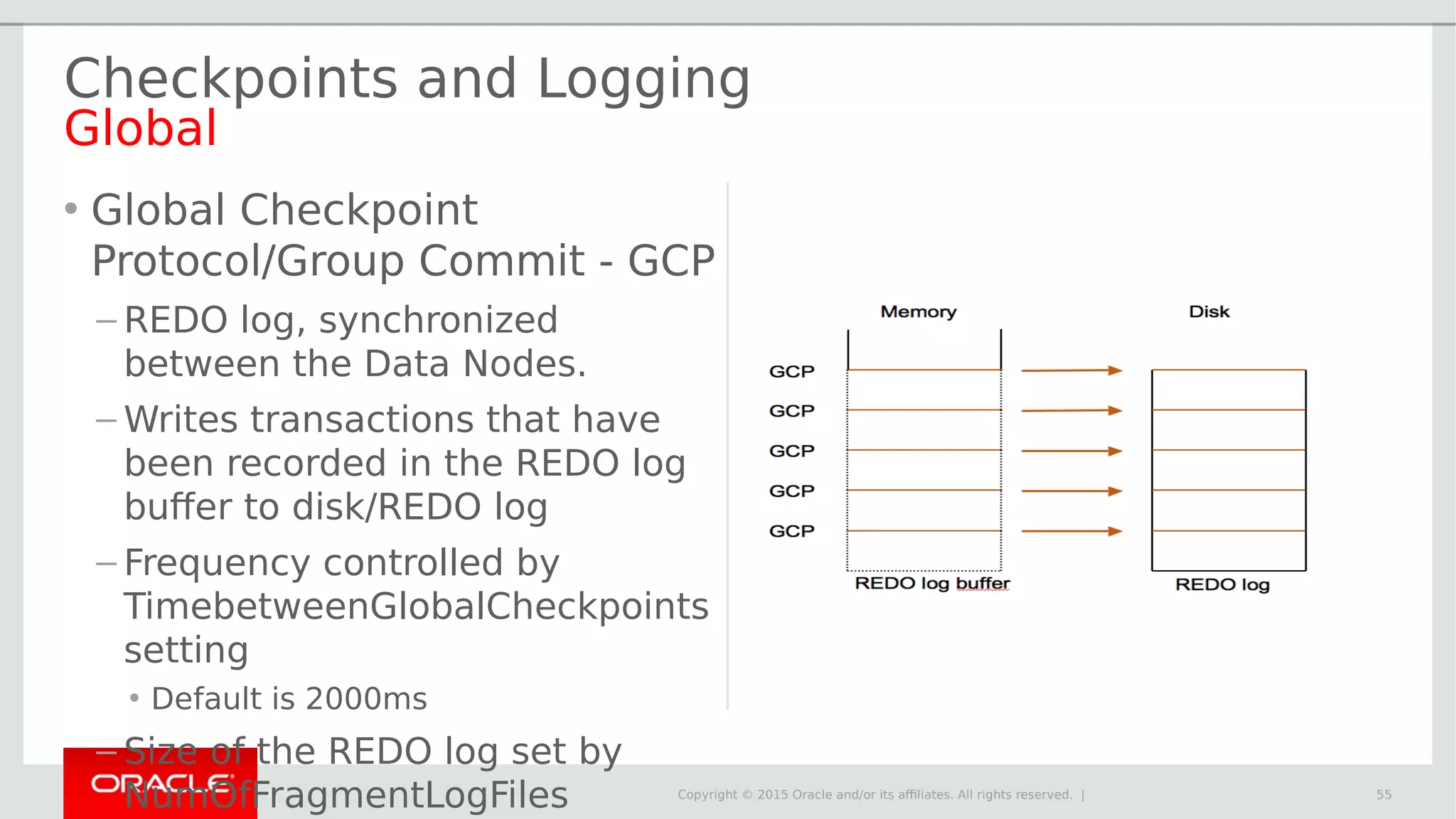 Copyright © 2015 Oracle and/or its affiliates. All rights reserved. | Checkpoints and Logging Global • Global Checkpoint Protocol/Group Commit - GCP – REDO log, synchronized between the Data Nodes. – Writes transactions that have been recorded in the REDO log buffer to disk/REDO log – Frequency controlled by TimebetweenGlobalCheckpoints setting • Default is 2000ms – Size of the REDO log set by NumOfFragmentLogFiles 55 