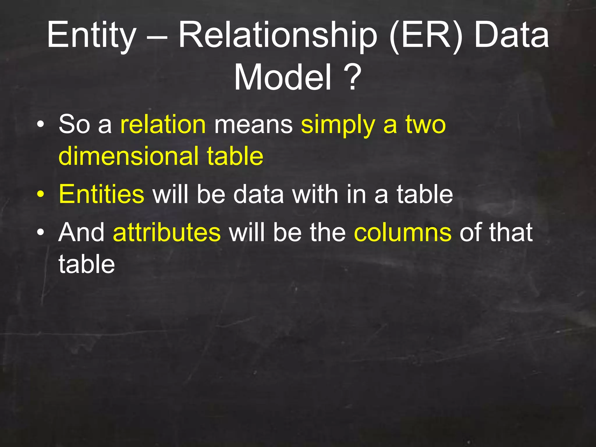 Entity – Relationship (ER) Data
Model ?
• So a relation means simply a two
dimensional table
• Entities will be data with in a table
• And attributes will be the columns of that
table
 