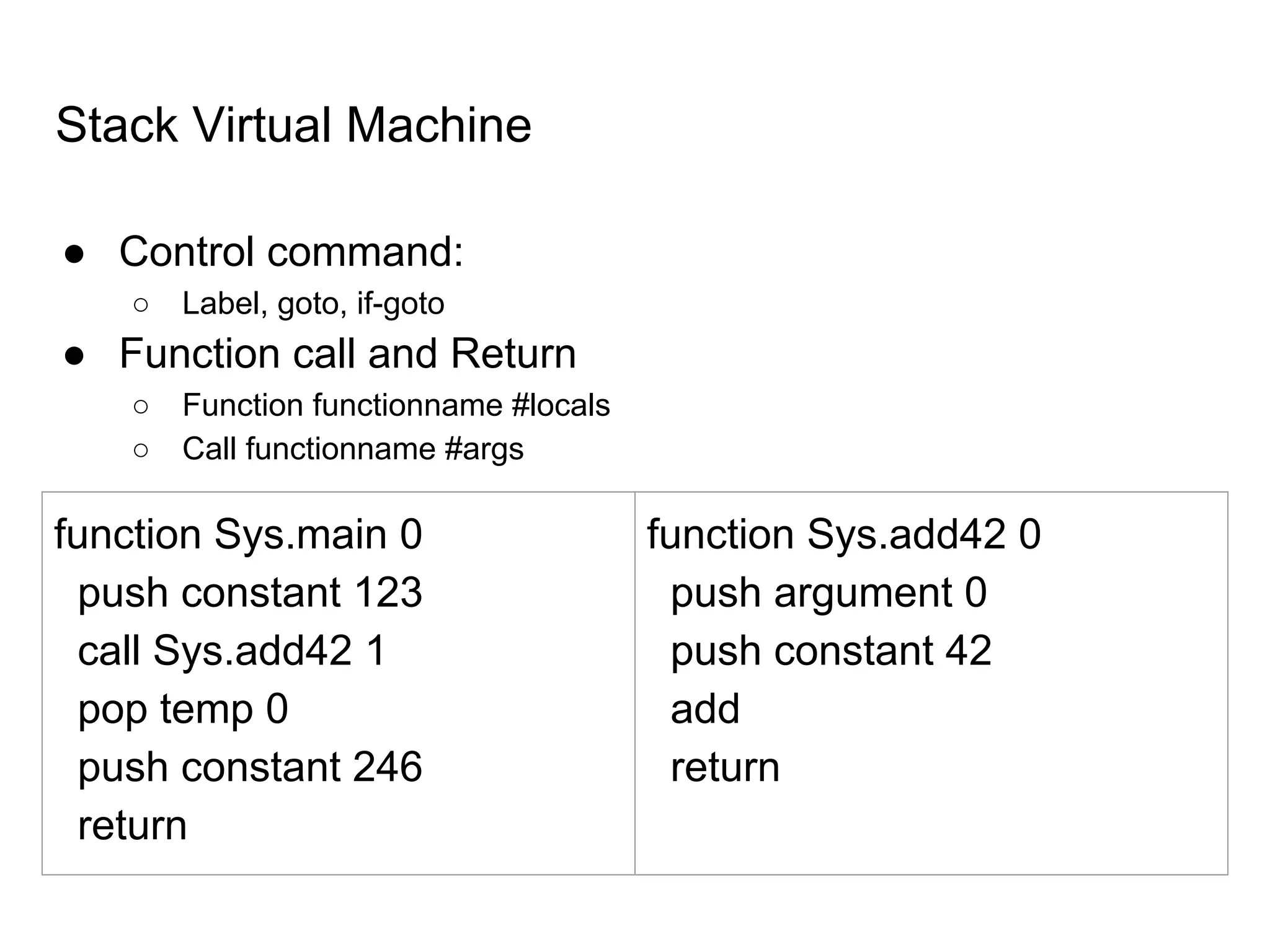 Stack Virtual Machine
● Control command:
○ Label, goto, if-goto
● Function call and Return
○ Function functionname #locals
○ Call functionname #args
function Sys.main 0
push constant 123
call Sys.add42 1
pop temp 0
push constant 246
return
function Sys.add42 0
push argument 0
push constant 42
add
return
 