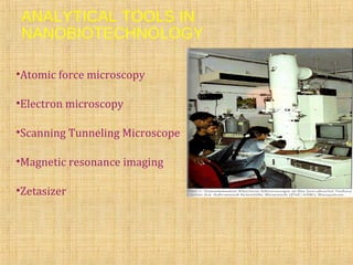 •Atomic force microscopy
•Electron microscopy
•Scanning Tunneling Microscope
•Magnetic resonance imaging
•Zetasizer
ANALYTICAL TOOLS IN
NANOBIOTECHNOLOGY
 
