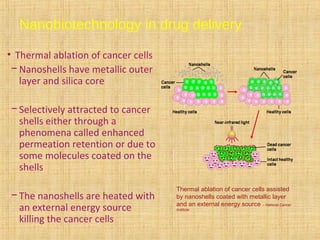• Thermal ablation of cancer cells
− Nanoshells have metallic outer
layer and silica core
− Selectively attracted to cancer
shells either through a
phenomena called enhanced
permeation retention or due to
some molecules coated on the
shells
− The nanoshells are heated with
an external energy source
killing the cancer cells
Thermal ablation of cancer cells assisted
by nanoshells coated with metallic layer
and an external energy source – National Cancer
Institute
Nanobiotechnology in drug delivery
 