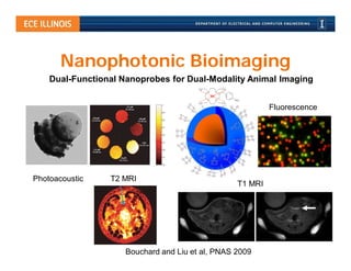 Nanophotonic Bioimaging
    Dual-Functional Nanoprobes for Dual-Modality Animal Imaging


                                                           Fluorescence




Photoacoustic    T2 MRI
                                                  T1 MRI




                     Bouchard and Liu et al, PNAS 2009
 