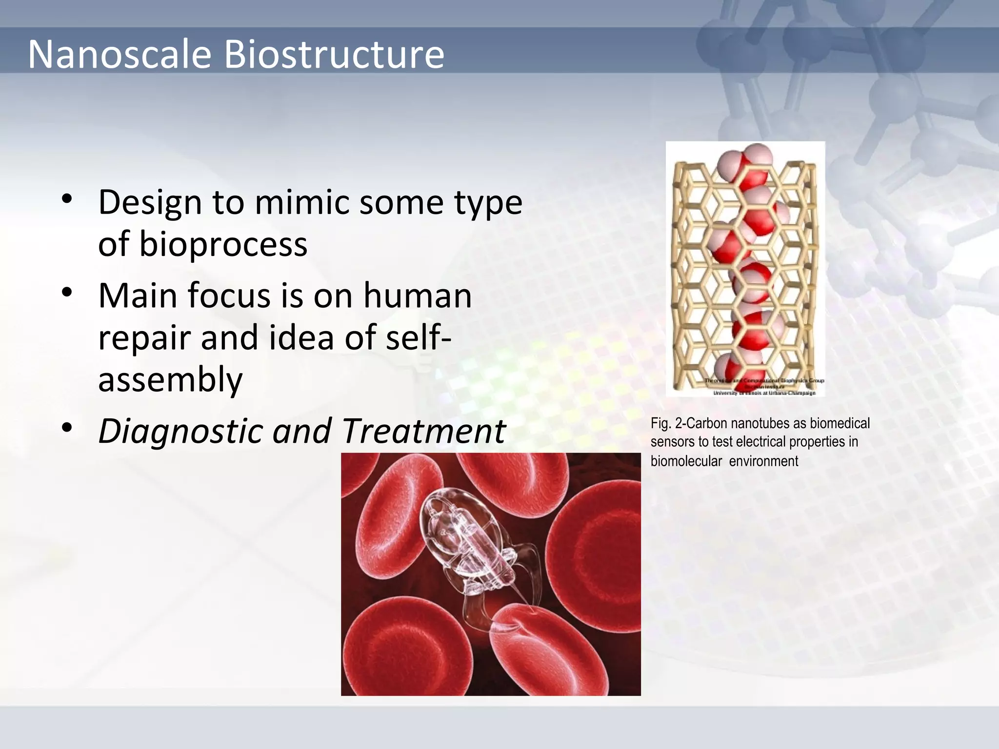 • Design to mimic some type
of bioprocess
• Main focus is on human
repair and idea of self-
assembly
• Diagnostic and Treatment
Nanoscale Biostructure
Fig. 2-Carbon nanotubes as biomedical
sensors to test electrical properties in
biomolecular environment
 