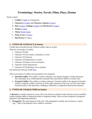 Terminology: Stories, Novels, Films, Plays, Drama
Stories contain
1. Conflict (7 types in 2 Categories)
2. Characters (3 types) and Character Analysis (6 types)
3. Plots (6 types), Endings (6 types) and Plot Devices (5 types)
4. Setting (2 types)
5. Theme (Some Types)
6. Point of view (3 Types)
7. Plot Devices (5 Types)
1. TYPES OF CONFLICT in Stories
Conflict drives the plot forward. Without conflict, there is no plot.
There are seven types of conflict:
1. Character VS Self
2. Character VS Fate, chance, coincidence, or luck
3. Character VS Character
4. Character VS Organization or society
5. Character VS Nature or the environment
6. Character VS the Supernatural
7. Character VS Technology, tool or machine
See homework with quiz credits here.
These seven types of conflict can be grouped in two categories:
 Internal Conflict: The conflict is inside a character as an internal struggle. Usually characters,
like real people, have conflicting fears and goals that cause them to behave in certain ways.
 External Conflict: The conflict is outside a character. External conflict is the opposite of internal
conflict, in that the conflict is obvious to all the other characters in the story, as well as the reader.
External conflict is the adversities, challenges, difficulties, or opposition faced by the character.
2. TYPES OF CHARACTERS in Stories
A character is usually a person in a story, but it can also be an animal or other elements such as modified
realities (talking rabbits or dancing brooms) or imaginary beings. There are three categories: protagonist,
antagonist, and supporting characters.
 Protagonist: The main character in the story. The protagonist is usually, but not always, a ―good
guy.‖ Types of protagonists: hero, antihero, caricature
 