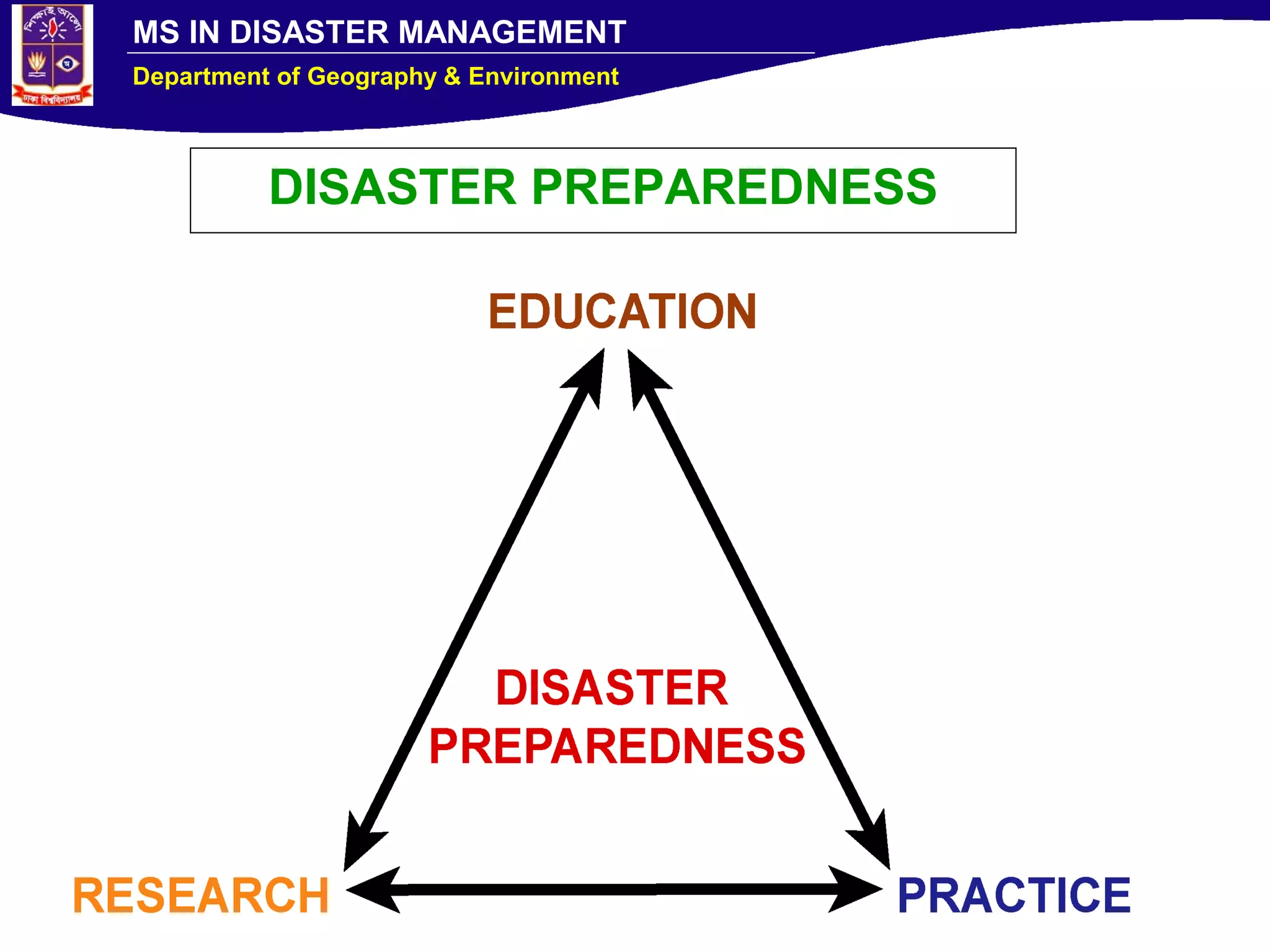 MS IN DISASTER MANAGEMENT
Department of Geography & Environment
DISASTER PREPAREDNESS
 