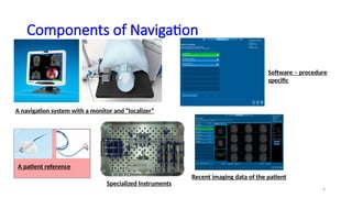 6
Components of Navigation
A navigation system with a monitor and “localizer”
A patient reference
Software – procedure
specific
Specialized Instruments
Recent imaging data of the patient
 