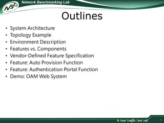 Outlines 
• System Architecture 
• Topology Example 
• Environment Description 
• Features vs. Components 
• Vendor-Defined Feature Specification 
• Feature: Auto Provision Function 
• Feature: Authentication Portal Function 
• Demo: OAM Web System 
41 
 
