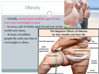 Obesity
 Globally, around 39% of adults aged 18 and
over were overweight in 2014
 In 2014, 13% of adults aged 18 and over in the
world were obese.
 At least 2.8 million
people die each year due to
overweight or obese.
 