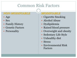 Common Risk Factors
NON-MODIFIABLE
 Age
 Sex
 Family History
 Genetic Factors
 Personality
MODIFIABLE
 Cigarette Smoking
 Alcohol Abuse
 Dyslipidemia
 Raised blood pressure
 Overweight and obesity
 Sedentary Life Style
 Unhealthy diet
 Stress
 Environmental Risk
Factors
 