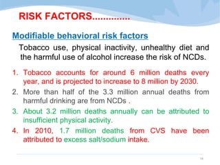RISK FACTORS..............
Modifiable behavioral risk factors
Tobacco use, physical inactivity, unhealthy diet and
the harmful use of alcohol increase the risk of NCDs.
1. Tobacco accounts for around 6 million deaths every
year, and is projected to increase to 8 million by 2030.
2. More than half of the 3.3 million annual deaths from
harmful drinking are from NCDs .
3. About 3.2 million deaths annually can be attributed to
insufficient physical activity.
4. In 2010, 1.7 million deaths from CVS have been
attributed to excess salt/sodium intake.
19
 