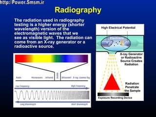 Radiography The radiation used in radiography testing is a higher energy (shorter wavelength) version of the electromagnetic waves that we  see as visible light.  The radiation can come from an X-ray generator or a radioactive source.  http://Power.Smsm.ir High Electrical Potential Electrons - + X-ray Generator or Radioactive Source Creates Radiation Exposure Recording Device Radiation  Penetrate  the Sample 