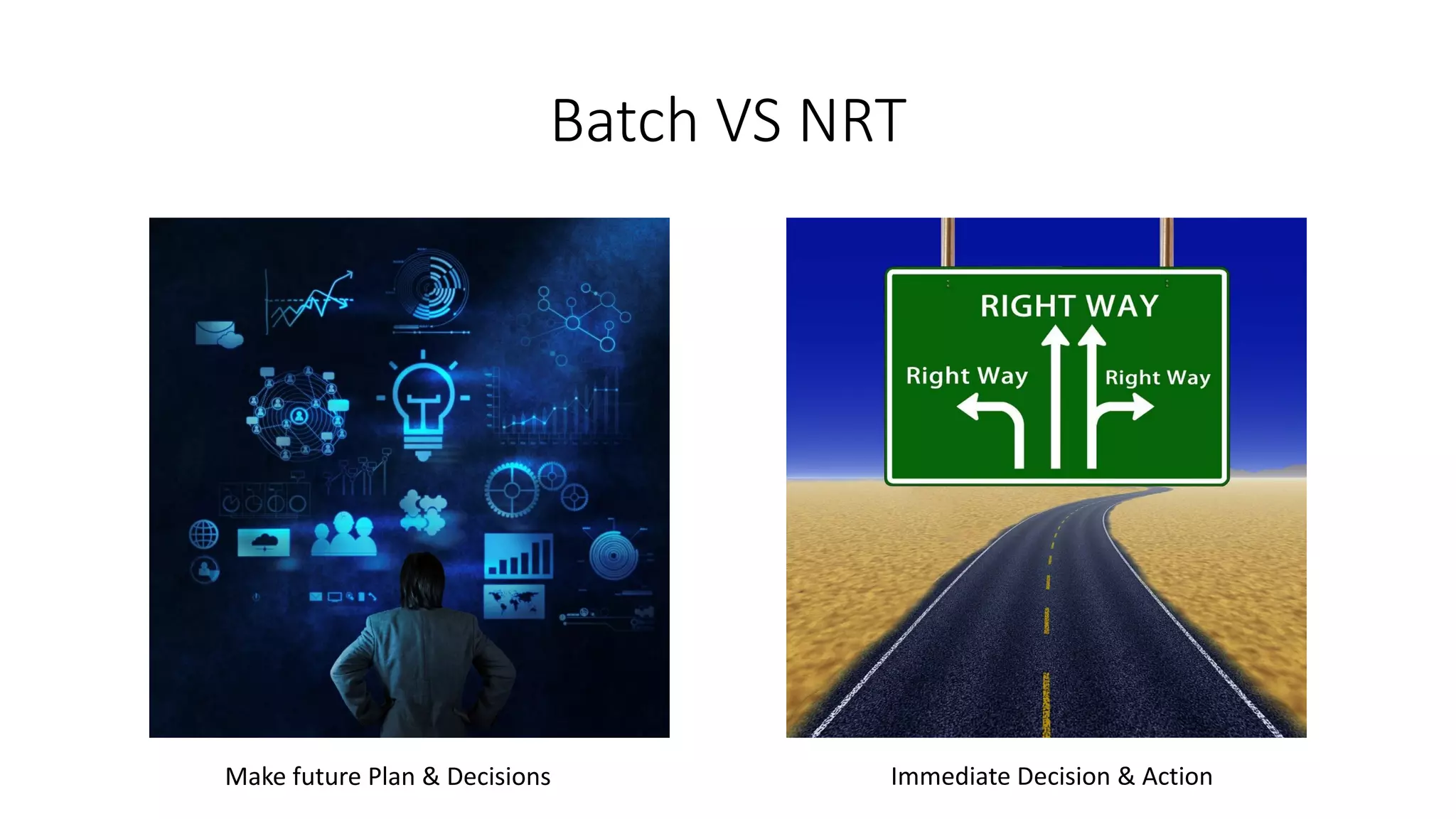 Batch VS NRT
Make future Plan & Decisions Immediate Decision & Action
 