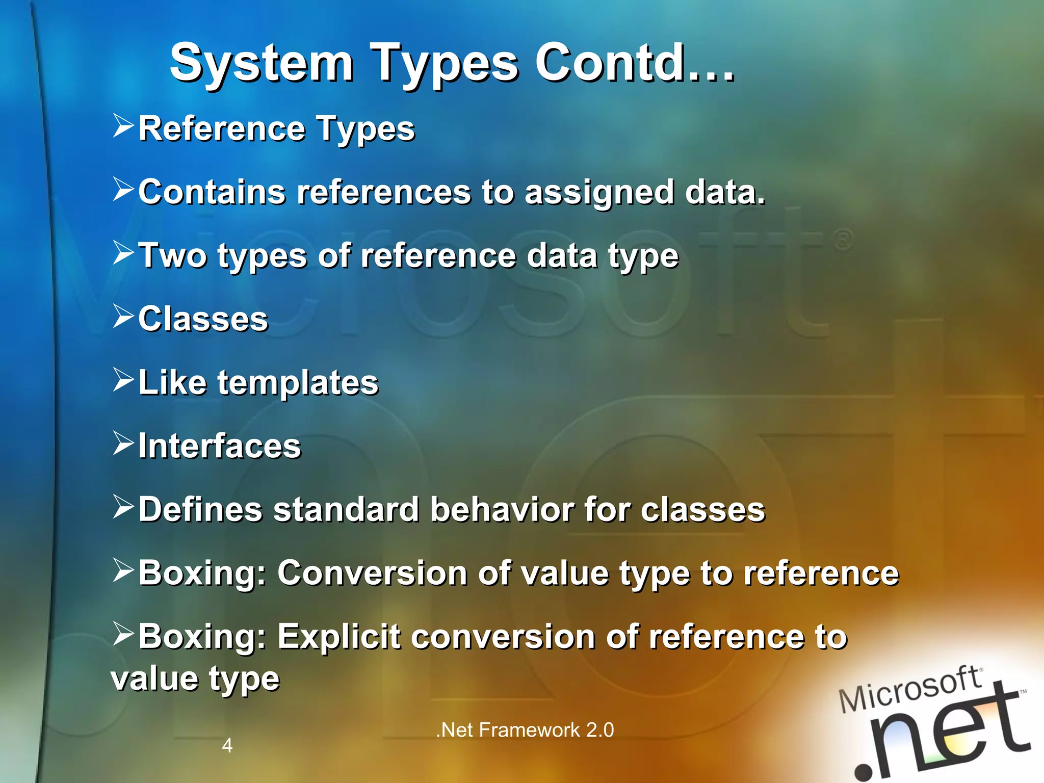 System Types Contd… Reference Types Contains references to assigned data. Two types of reference data type Classes Like templates  Interfaces Defines standard behavior for classes Boxing: Conversion of value type to reference Boxing: Explicit conversion of reference to value type 