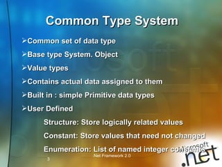 Common Type System Common set of data type Base type System. Object Value types Contains actual data assigned to them  Built in : simple Primitive data types User Defined Structure: Store logically related values Constant: Store values that need not changed Enumeration: List of named integer constants 
