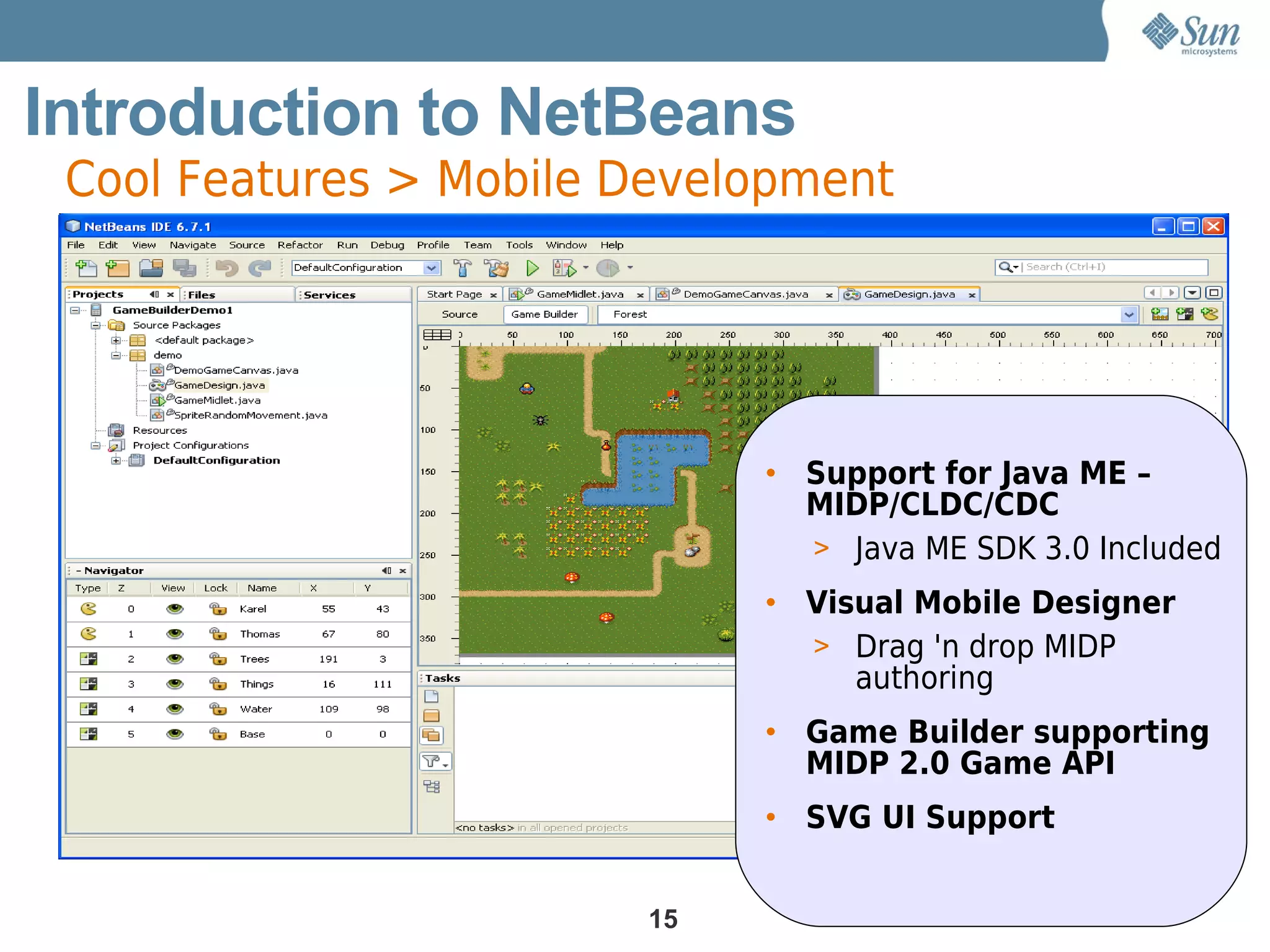 Introduction to NetBeans
 Cool Features > Mobile Development




                             • Support for Java ME –
                               MIDP/CLDC/CDC
                               > Java ME SDK 3.0 Included
                             • Visual Mobile Designer
                               > Drag 'n drop MIDP
                                  authoring
                             • Game Builder supporting
                               MIDP 2.0 Game API
                             • SVG UI Support


                        15
 