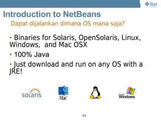 Introduction to NetBeans
 Dapat dijalankan dimana OS mana saja?

 • Binaries for Solaris, OpenSolaris, Linux,
 Windows, and Mac OSX
 • 100% Java
 • Just download and run on any OS with a
 JRE!




                        11
 