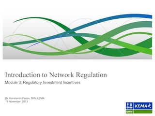 Introduction to Network Regulation
Module 3: Regulatory Investment Incentives

Dr. Konstantin Petrov, DNV KEMA
11 November 2013

 