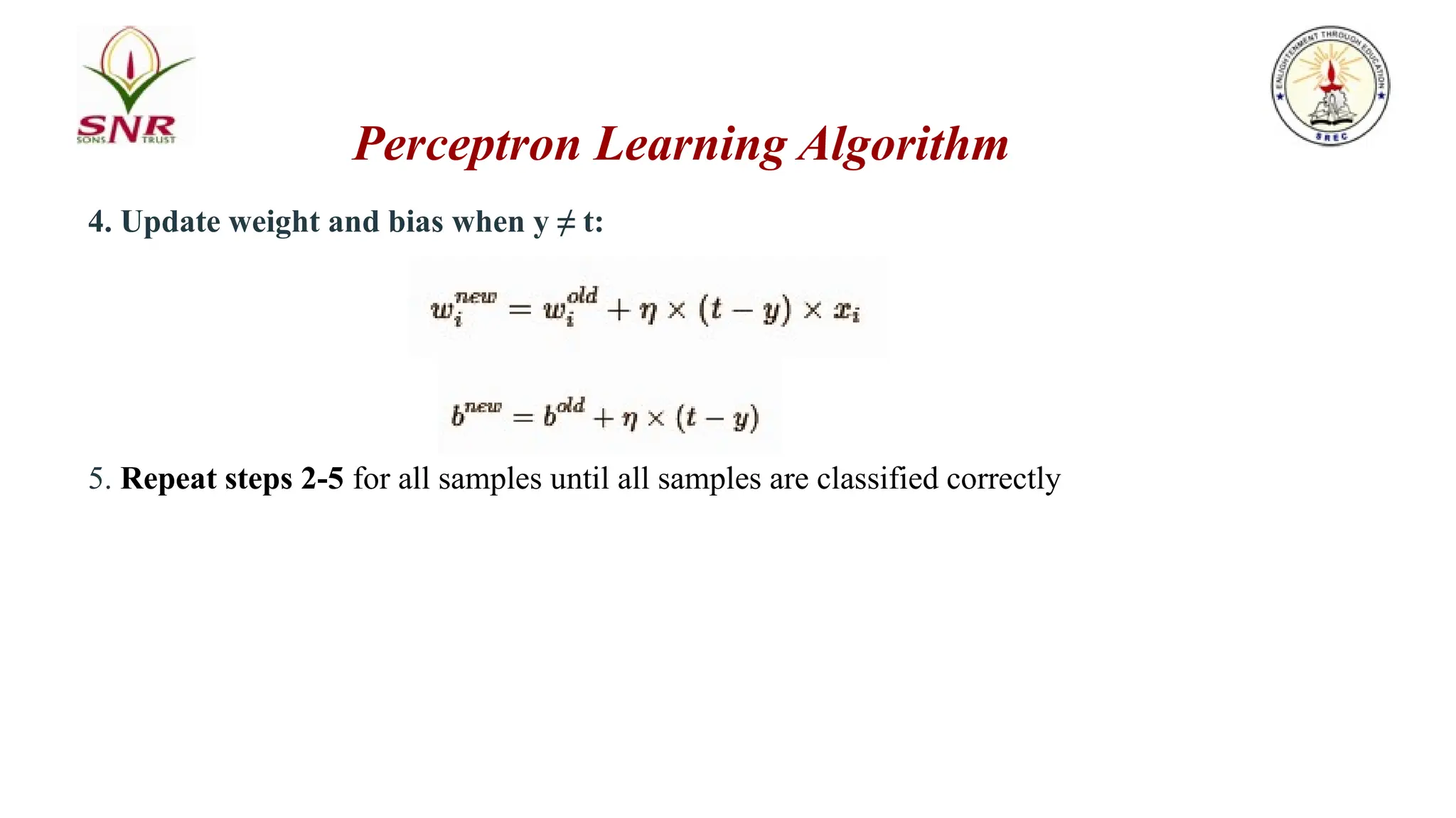 4. Update weight and bias when y ≠ t:
5. Repeat steps 2-5 for all samples until all samples are classified correctly
Perceptron Learning Algorithm
 